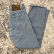 Vintage 90s Blue Denim Leather Patch Fray Hem High Rise Mom Jeans