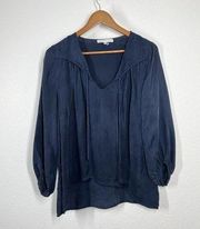 Young Fabulous Broke Navy Cupro Peasant Top Medium M Satin Balloon Sleeves