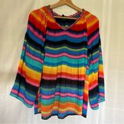 colorful striped long sleeve blouse semi sheer v neck small