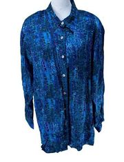 Notations Women Printed Tunic Button up Shirt Long Sleeve 100% Silk Blue Size 1X