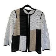 Ming Wang Cardigan Sweater Jacket Size Small Black White Tan Full Zip Colorblock