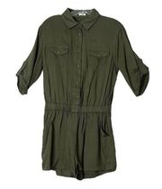 Soprano Romper Army Green Button Front Roll Tab Sleeves Collared Top