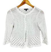 Open Knit Ivory Cardigan Button Front 3/4 Sleeves Size Petite Medium