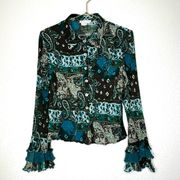 Alberto Makali Women's Vintage Peasant Sequin Ruffle Sleeve Button Down Blouse M