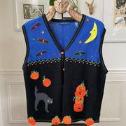 Vintage Karen Scott Halloween Pumpkin Button Sweater Vest L