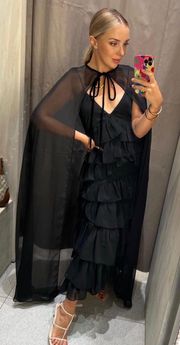 Black Velvet Long Semi Sheer Cape Poncho Jacket