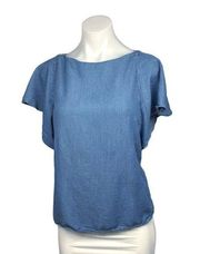 Massimo Dutti Blue Denim Chambray Flutter Sleeve Crewneck Keyhole Blouse Top 4