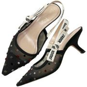 Dior J'Adior Multicolor Velvet Polka Dot Black Mesh Pointed Logo Slingback Pumps