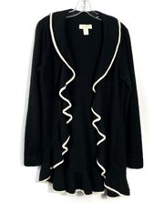 Cashmere Wool Blend Black Ruffle Waterfall Open Front Cardigan Large
