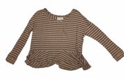Striped Peplum Tiered Ruffled Long Sleeve Top Size Large Brown Navy