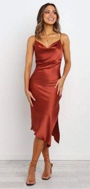 Petal & Pup Cyprus Rust Satin Midi Asymmetrical Hem Dress 4