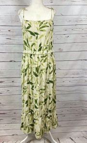 NWOT Ivory Green Tropical Leaf Print Tie Strap Ruffle MIDI Dress XL