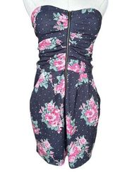 Vtg Y2K Toska Denim Look Polka Dot Pink Floral Strapless Mini Dress Zipper Sz L