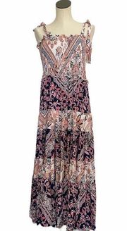 NWOT Abel The Label X Anthropologie Tired Smocked Maxi Dress Patch Work Print