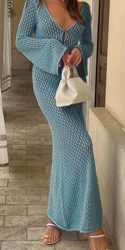 Crochet long sleeve bell sleeve blue dress 