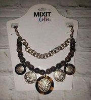 NEW Mixit Color Brown Bead & Gold Chain Medallion Statement Necklace