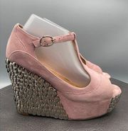 Jeffrey Campbell Shoes Womens 6 Sudded High Wedge Sandals Pink Peep Toe