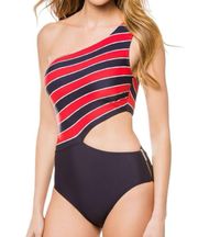 Michael Kors Nautical Striped One Shoulder Cut Out One Piece Swimsuit Size 14