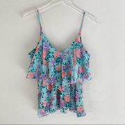 Rhapsody Ruffle Cami Tank Top Tier Floral Blue Pink Purple Small