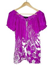 Karen Kane fuchsia magenta purple floral puff sleeve tassel trim tunic top sz S