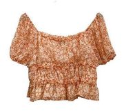 MOA MOA Peach Floral Chiffon Sheer Puff Sleeve Square Neck Crop Blouse Top XL