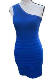 Wow-Couture Blue Body-Con Mini-Dress One-Armed Stretchy Bandage Horizontal Ribbi