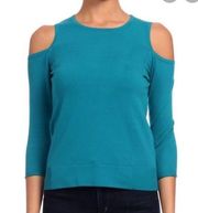 KAREN MILLEN COLD SHOULDER TEAL BLUE GREEN RIUND NECK PULLOVER SWEATER M