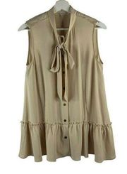 Rachel Roy Beige Sleeveless V-neck Tie Front Peplum Tunic Long Blouse Woman’s M