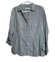 Foxcroft Womens Size XL Green Linen Lagenlook Button Up Shirt Blouse