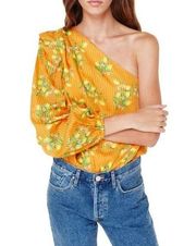 Cami NYC The Lenore Bodysuit One Shoulder Long Sleeve Yellow Citrus Print S NWT
