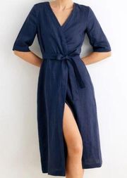 Grae Cove dress 100% linen navy blue true wrap sash style xl NEW