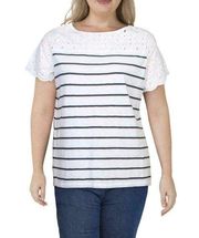 CHARTER CLUB White Blue Striped Eyelet Neck Top Short Sleeve Women's 3X