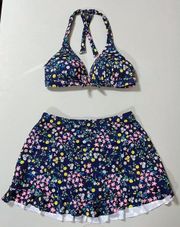 Navy Blue Floral Bikini Top and Swim-Skirt Bathing Suit Bottoms Coords Matching Set 🌸