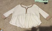 Free People Cream and brown elbow length baby doll Henley top never worn