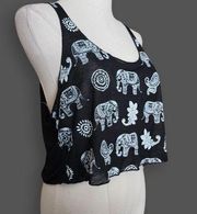 Black/White Boho Elephant Cropped Tank Top, Women's Small