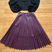 Faux Leather Maroon Midi Skirt Pleated