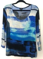 Escada Graphic Design Scoop Neck Long Sleeve Shirt Blue Abstract