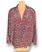 Vintage Liz Baker Top Burgundy Blue Floral Long Sleeve Pajama Style Blouse