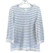 J. Jill Long Sleeve White Blue Striped Fringe Shirt Size Small
