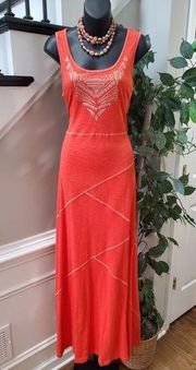 Cable & Gauge Orange Gold Cotton Embroidered Sleeveless Long Maxi Dress Size S