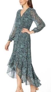 1.STATE Long Sleeve Faux Wrap Green Snake Print Dress