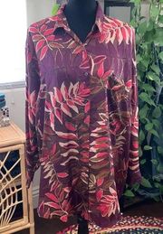 Vintage 90s Jane Ashley 100% Silk Tropical Print Long Sleeve Button Down Shirt L