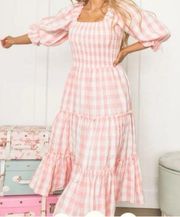 Ivy City Mia Gingham Midi Maxi Dress Size Small Pink White NWT Cotton Smocked