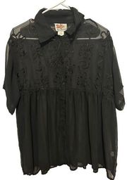 La femme black sheer short sleeve button down blouse size 1x