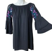 Black Embroidered Lace Ruffle Sleeve Tunic Top Large NWT