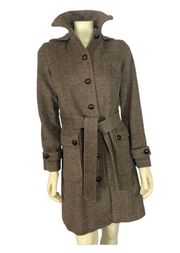 BROOKS BROTHERS Beige herringbone Wool Coat with Hood and Belt size 2