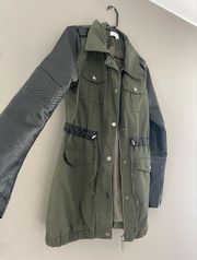 Green long army jacket with faux leather sleeves size medium see comments