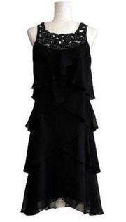 SLNY Dress Black Chiffon Beaded Neckline Sleeveless Tiered Ruffle Dress Size 10