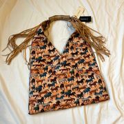 NWT Le Miel Western Vegan Fringe Horse Tote Bag in Brown 