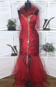 NWT Cinderella shiny red gold sexy mermaid ruffled lace backless prom dress 10